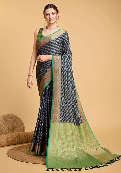 Blue Woven Silk Saree Set