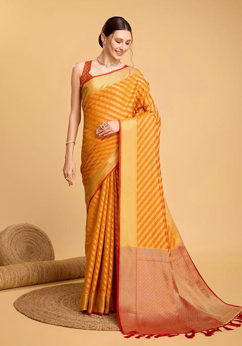 Yellow Woven Silk Saree Set