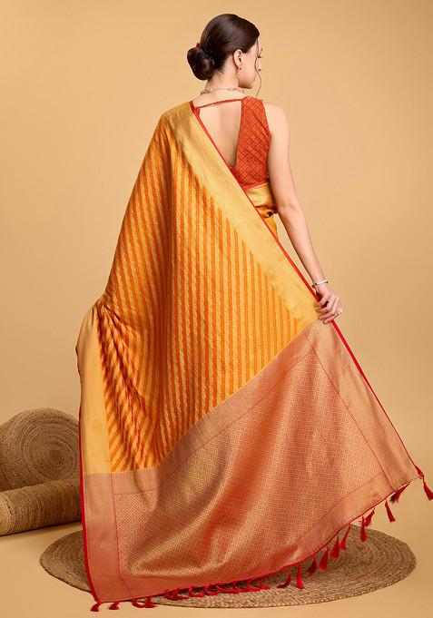 Yellow Woven Silk Saree Set