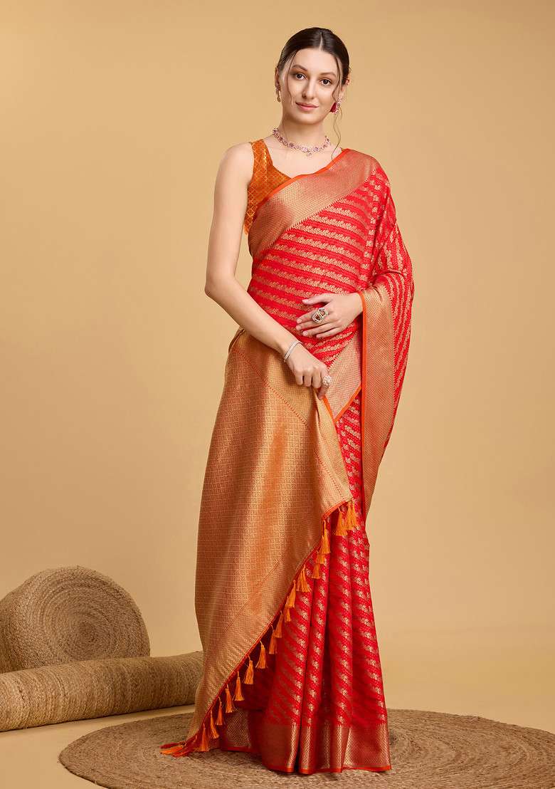 Red Woven Silk Saree Set for Diwali and Festive Wear - Indya