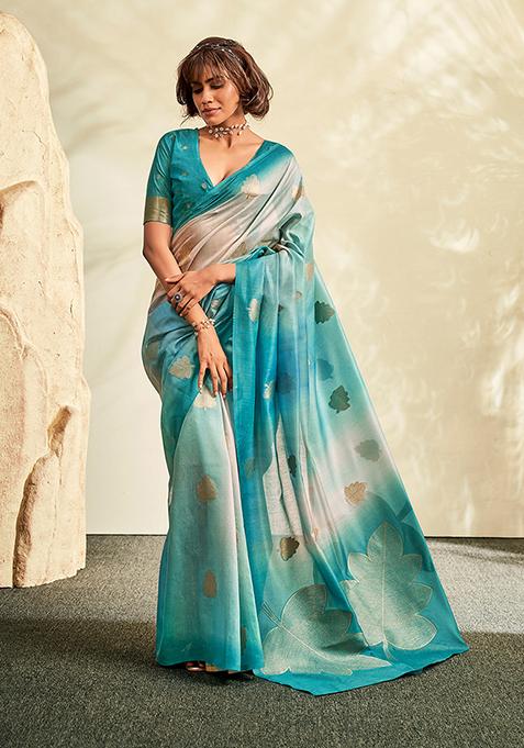 Sky Blue Woven Khadi Saree Set