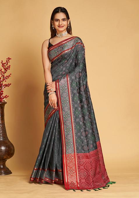 Grey Woven Silk Saree Set