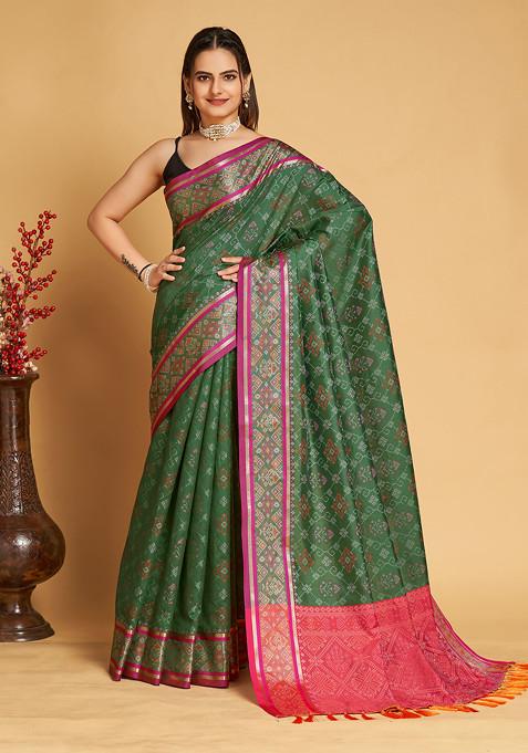 Green Woven Silk Saree Set