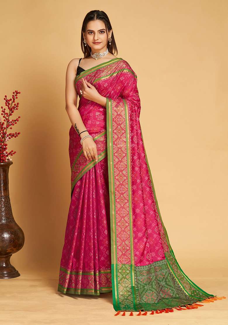 Pink Woven Silk Saree Set for Diwali and Festive Wear - Indya