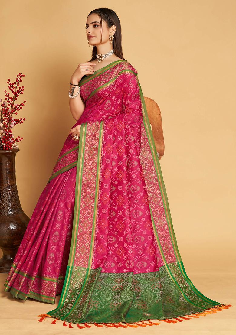 Pink Woven Silk Saree Set