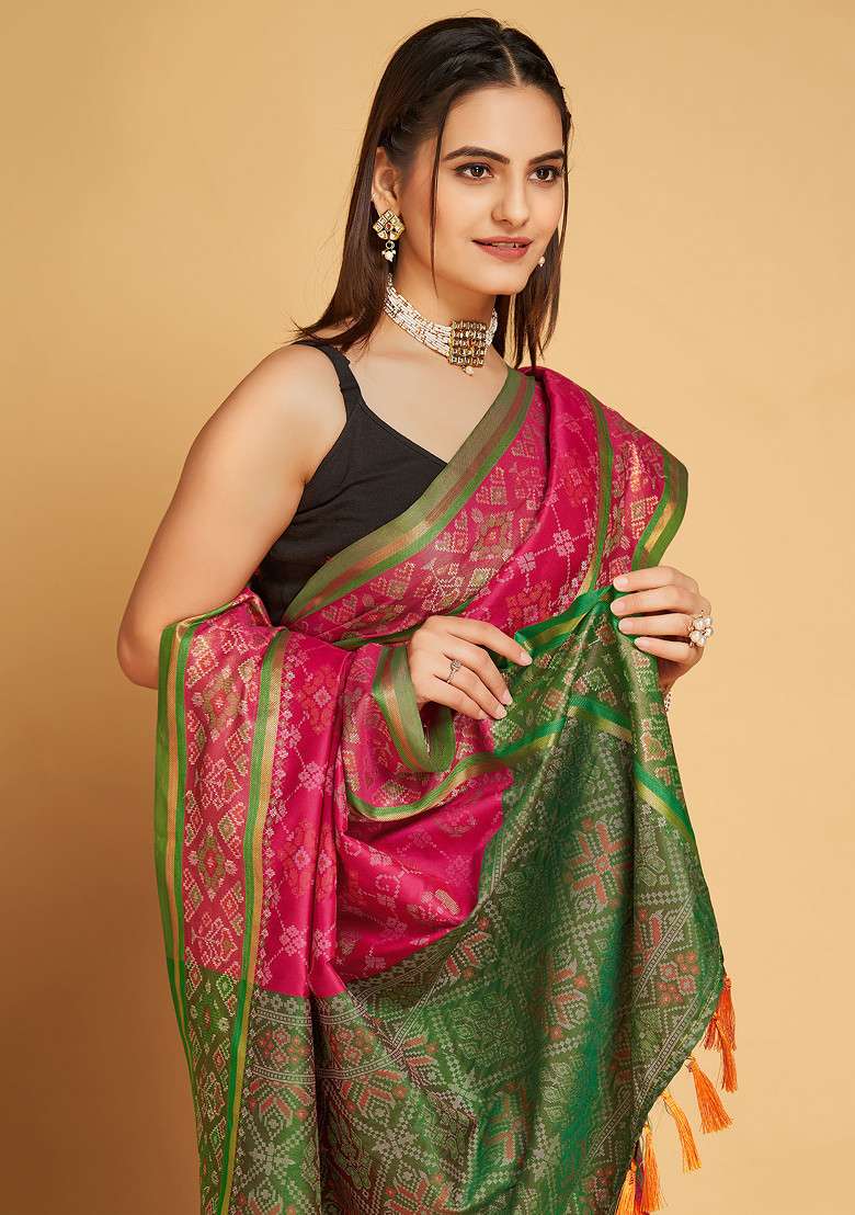 Pink Woven Silk Saree Set for Diwali and Festive Wear - Indya