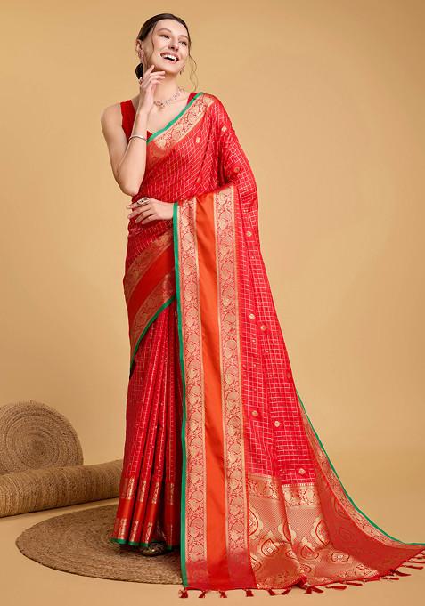 Red Woven Silk Saree Set