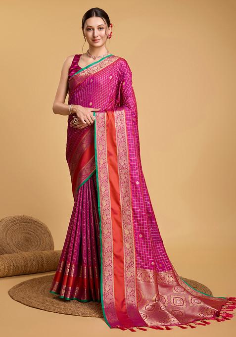 Burgundy Woven Silk Saree Set