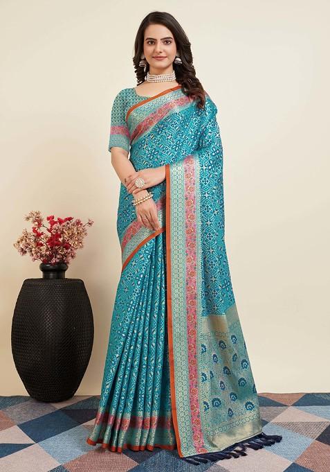 Blue Woven Silk Saree Set