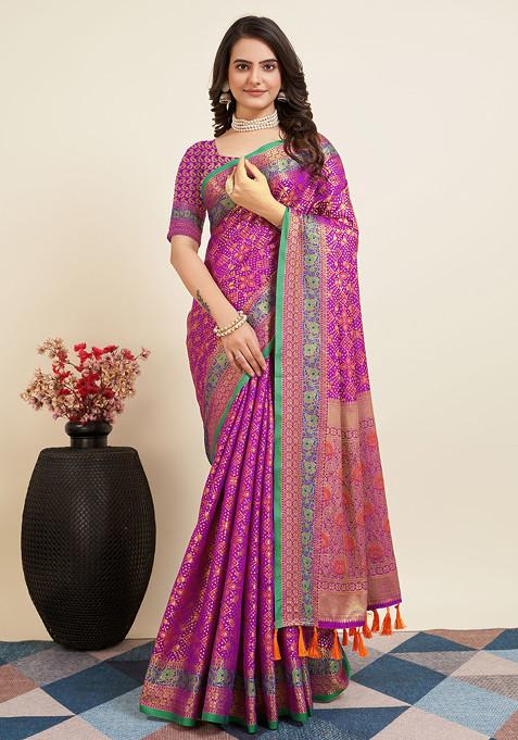 Purple Woven Silk Saree Set