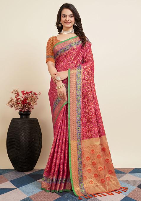 Pink Woven Silk Saree Set