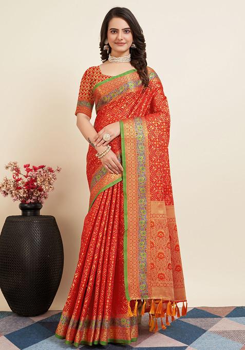 Red Woven Silk Saree Set