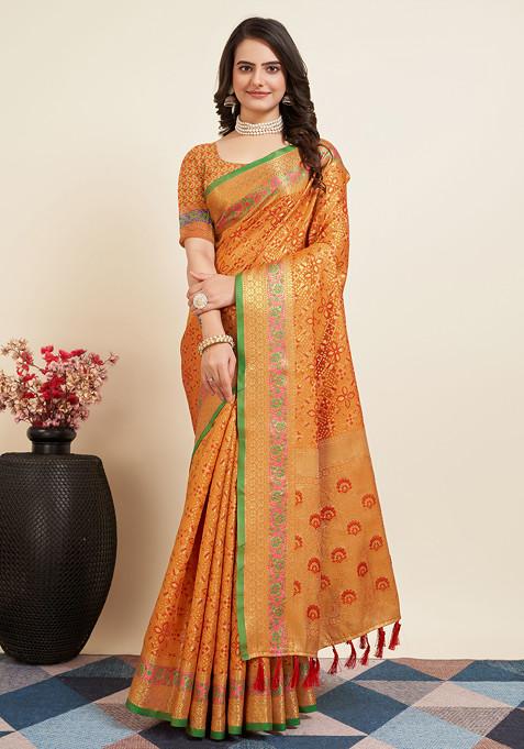 Yellow Woven Silk Saree Set