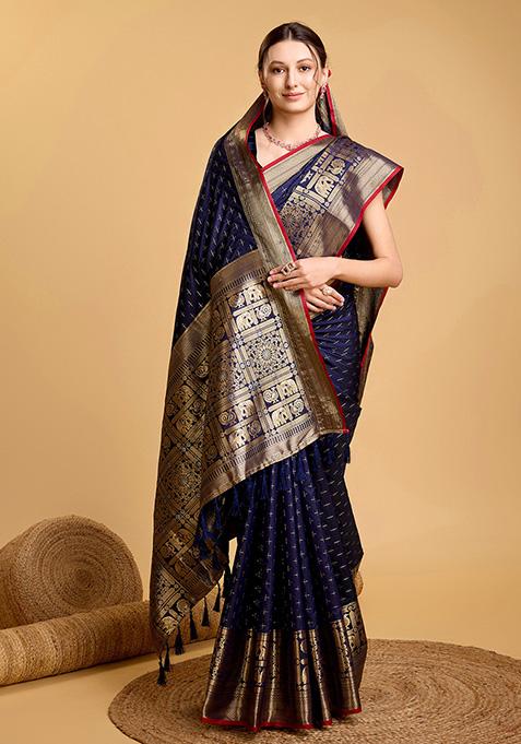 Navy Blue Woven Silk Saree Set