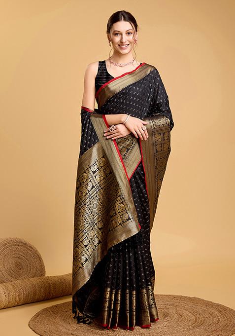 Black Woven Silk Saree Set