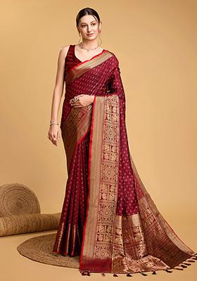 Maroon Woven Silk Saree Set