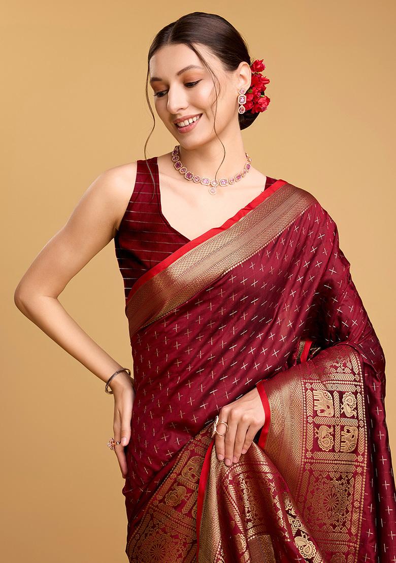 Maroon Woven Silk Saree Set - Indya