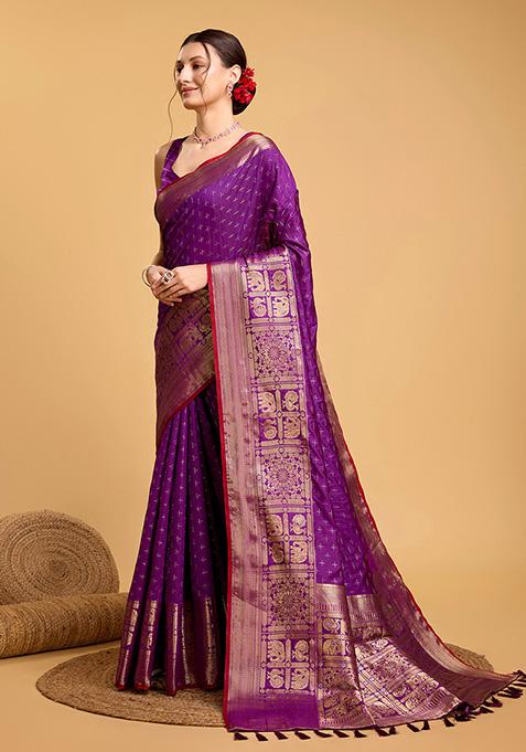 Purple Woven Silk Saree Set