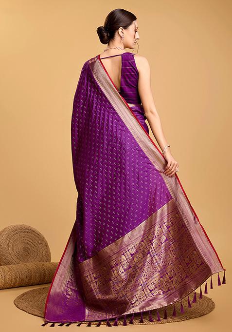 Purple Woven Silk Saree Set