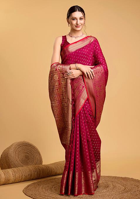 Pink Woven Silk Saree Set