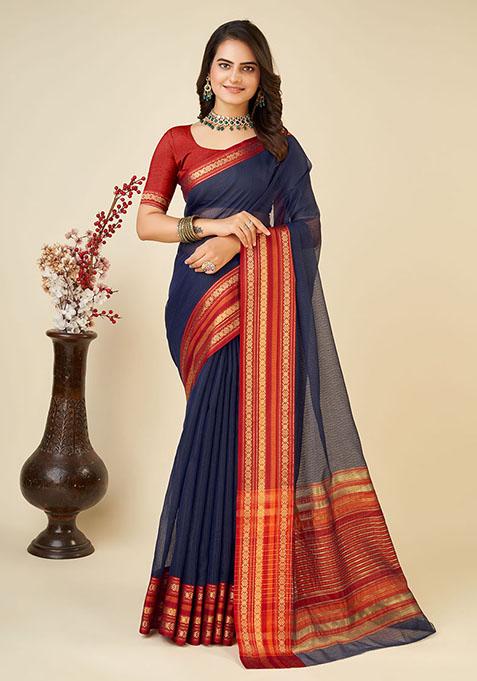 Blue Woven Cotton Saree Set