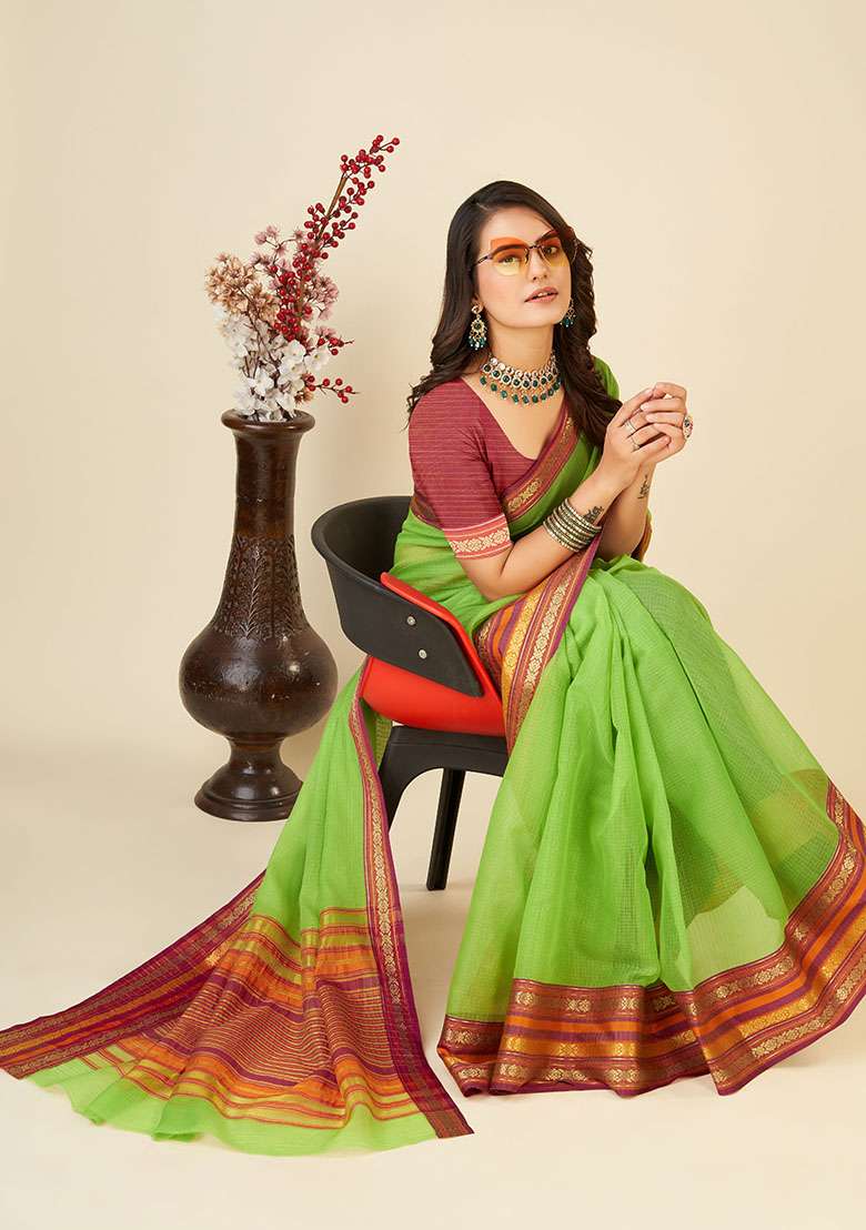 Green Woven Cotton Saree Set for Diwali | Wedding & Festive Wear - Indya