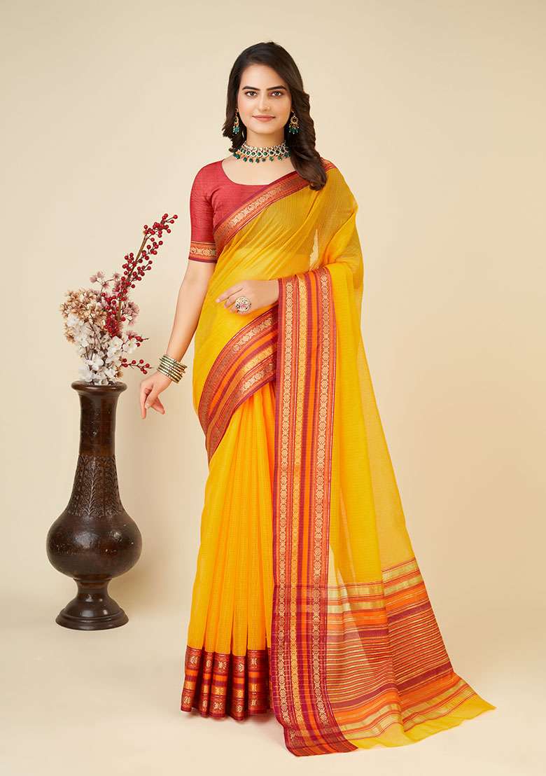 Yellow Woven Cotton Saree Set for Diwali | Wedding & Festive Wear - Indya