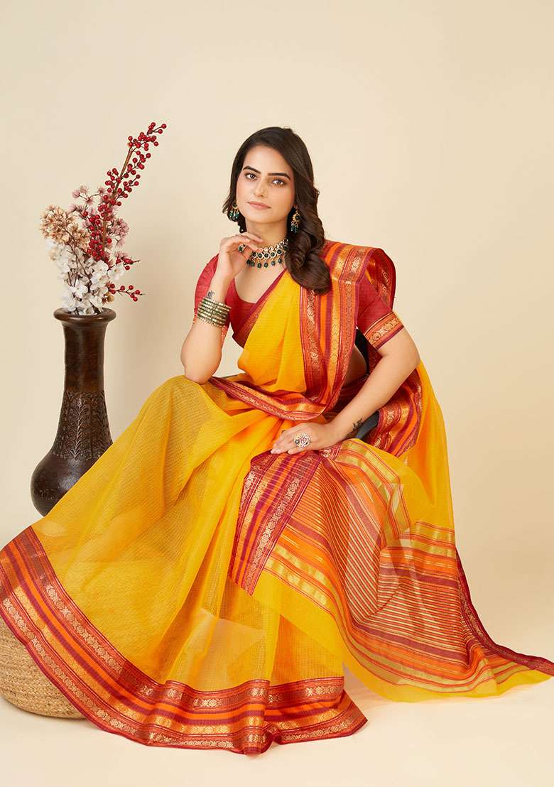 Yellow Woven Cotton Saree Set for Diwali | Wedding & Festive Wear - Indya