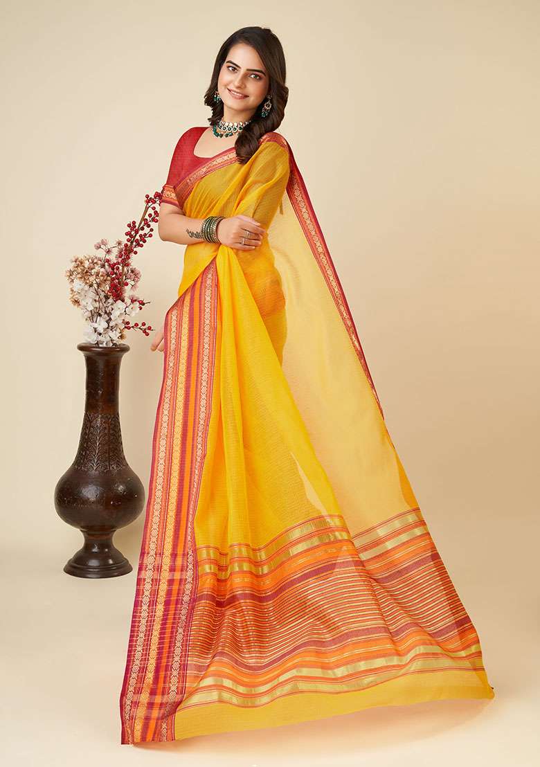 Yellow Woven Cotton Saree Set for Diwali | Wedding & Festive Wear - Indya