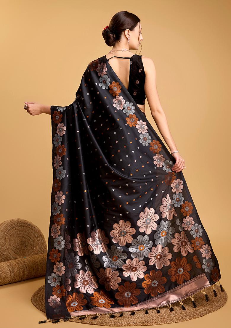 Black Woven Silk Saree Set - Indya