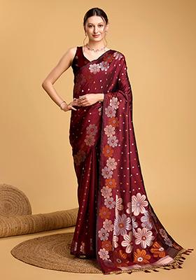 Maroon Woven Silk Saree Set