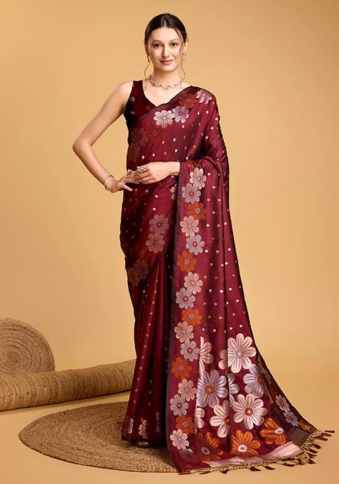 Maroon Woven Silk Saree Set