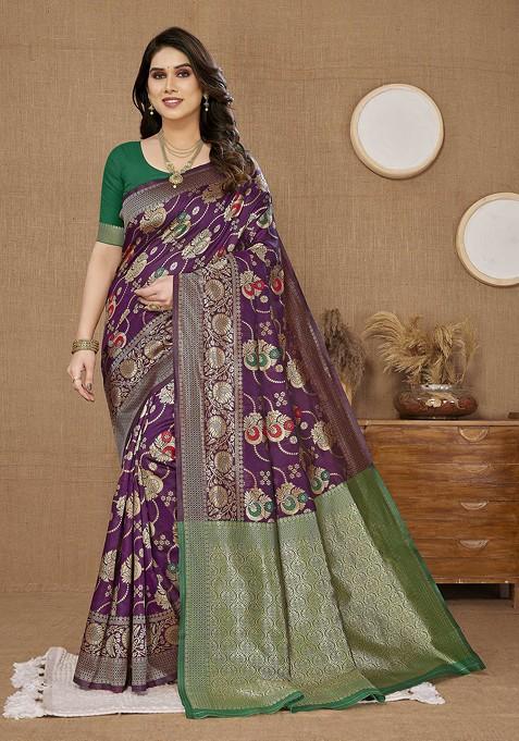 Purple Woven Silk Saree Set