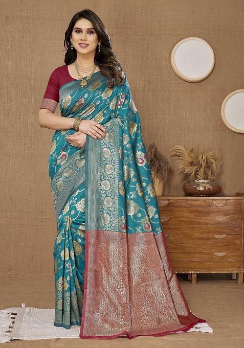 Blue Woven Silk Saree Set