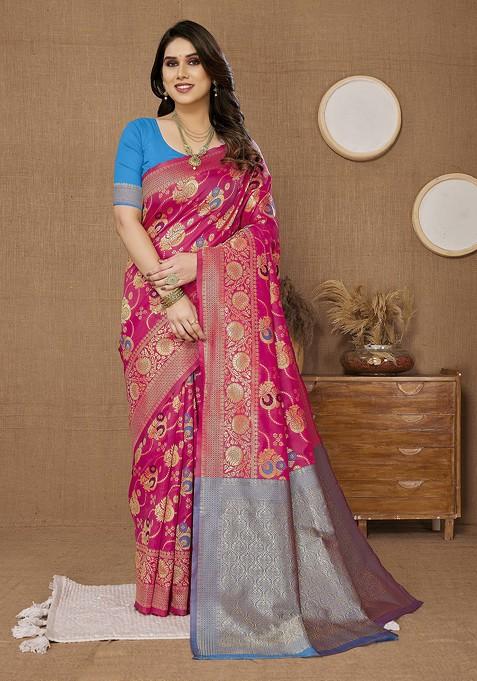 Pink Woven Silk Saree Set