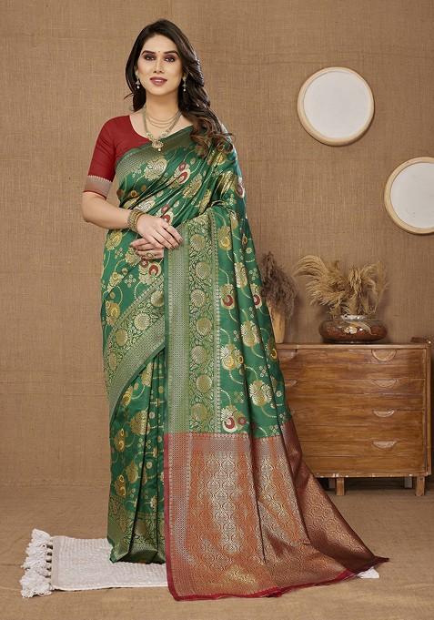 Green Woven Silk Saree Set