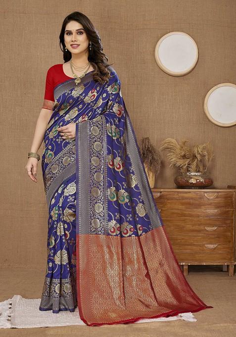 Navy Blue Woven Silk Saree Set