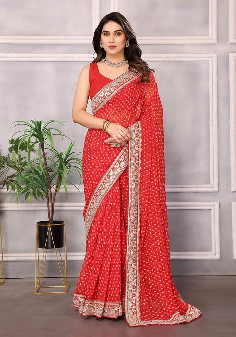 Red Embroidered Georgette Saree Set