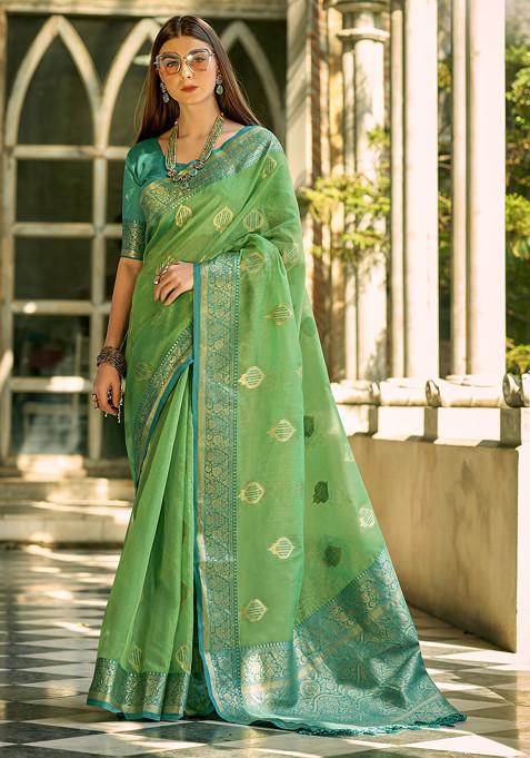 Parrot Green Woven Silk Saree Set