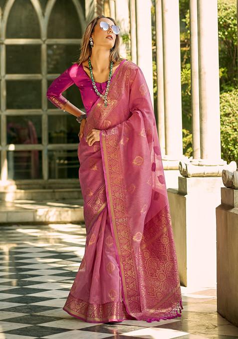 Pink Woven Silk Saree Set