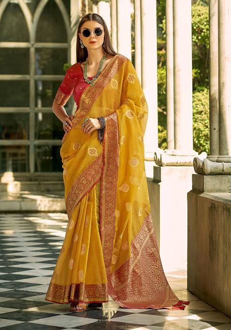 Yellow Woven Silk Saree Set