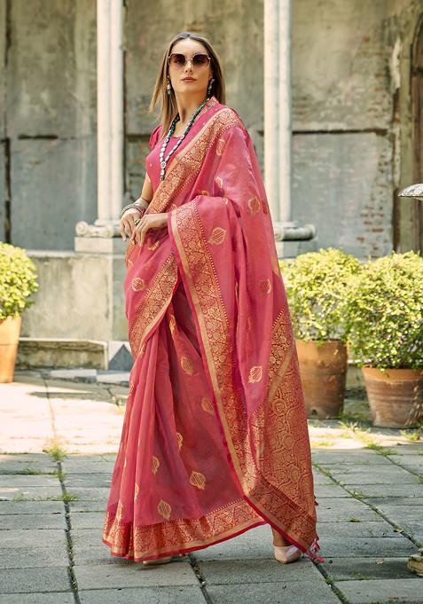 Peach Woven Silk Saree Set