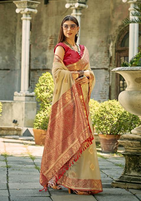 Cream Woven Silk Saree Set