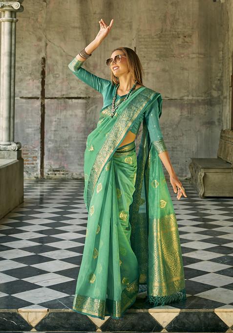 Green Woven Silk Saree Set