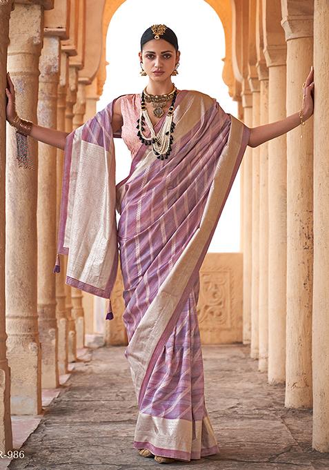 Lilac Printed Viscose Saree Set