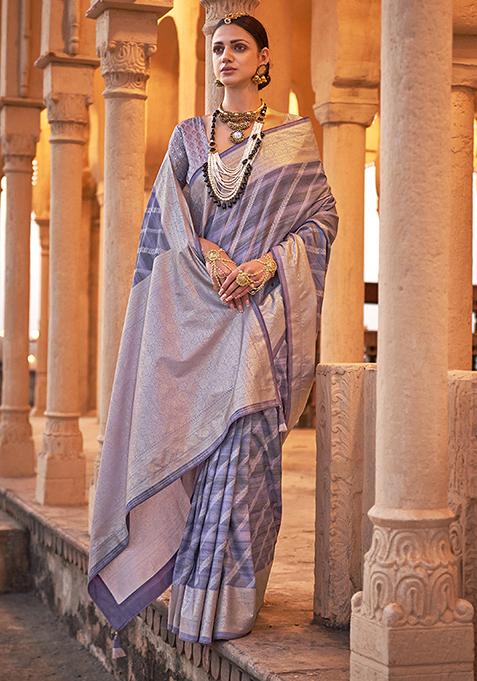 Light Purple Printed Viscose Saree Set