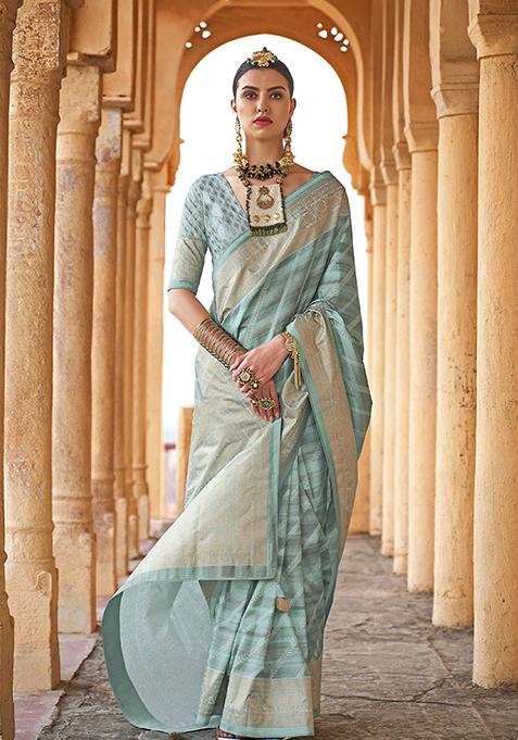 Turquoise Printed Viscose Saree Set