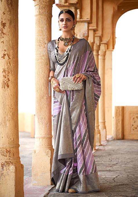 Lavender Printed Viscose Saree Set