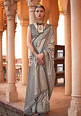 Slate Grey Printed Viscose Saree Set