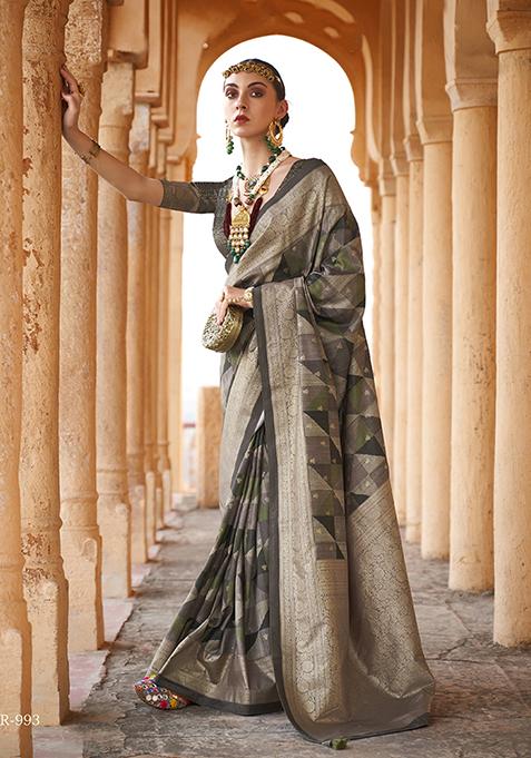 Dark Grey Printed Viscose Saree Set